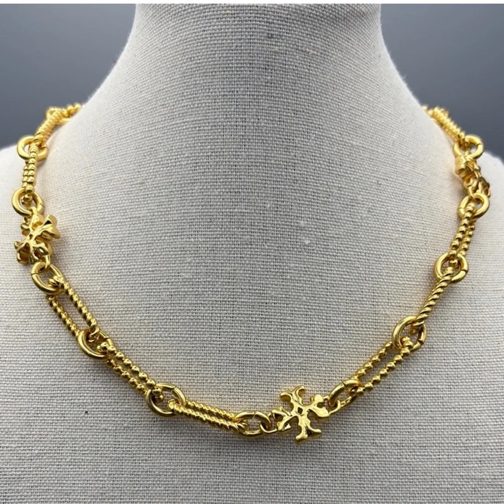 🎁 Tory Burch Gold Tone Roxanne Necklace with Intricate Link Design NWT $278